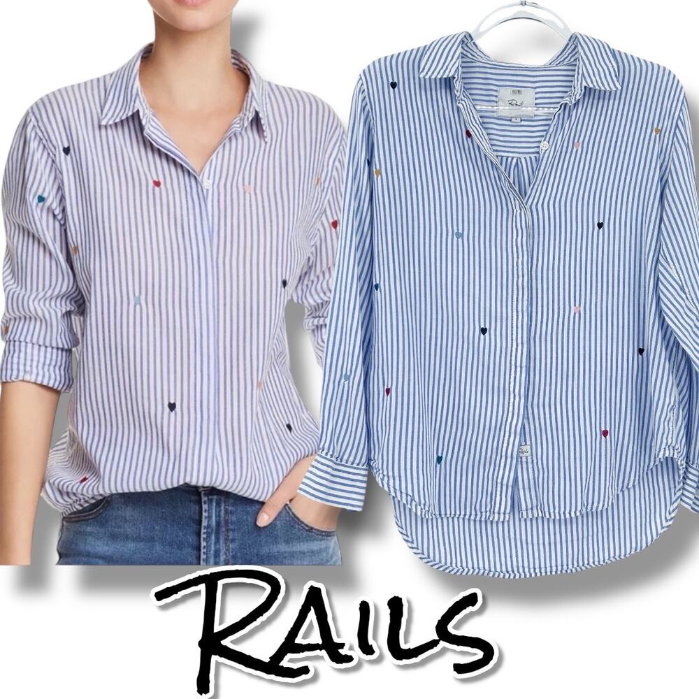Rails Taylor Rainbow Heart Embroidered Blue White Stripe Shirt Womens Size S